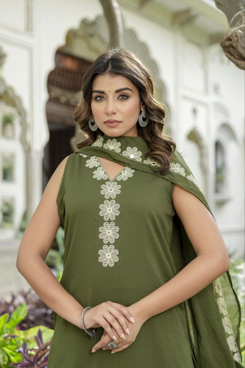 Premium Cotton Kurta Plazo Set with Mirror Work & Dupatta