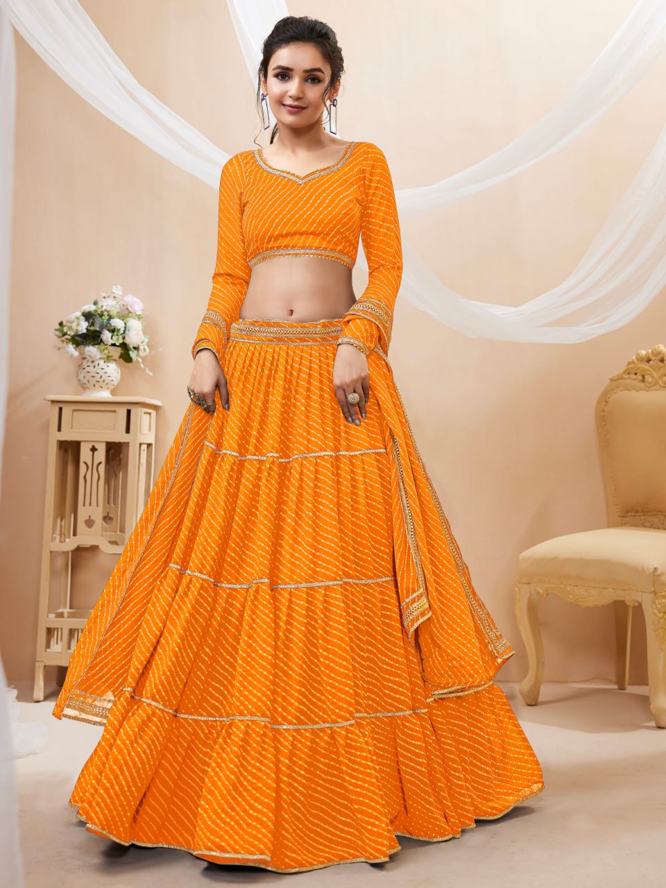 Semi-Stitched Georgette Lehenga Set with Blooming Leheriya Print