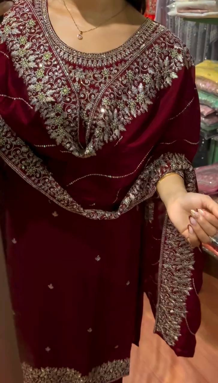 Chinon Silk Embroidered Kurti Set with Dupatta