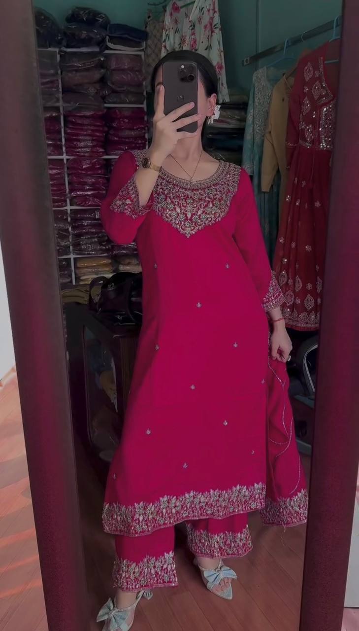 Chinon Silk Embroidered Kurti Set with Dupatta