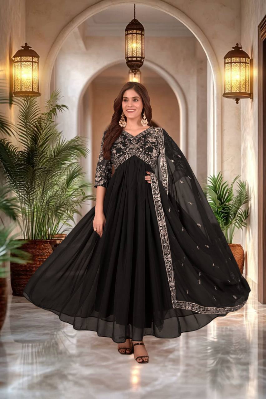 Elegance redefined: black embroidery gown with dupatta and pant