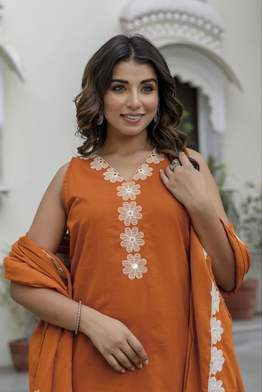 Premium Cotton Kurta Plazo Set with Mirror Work & Dupatta