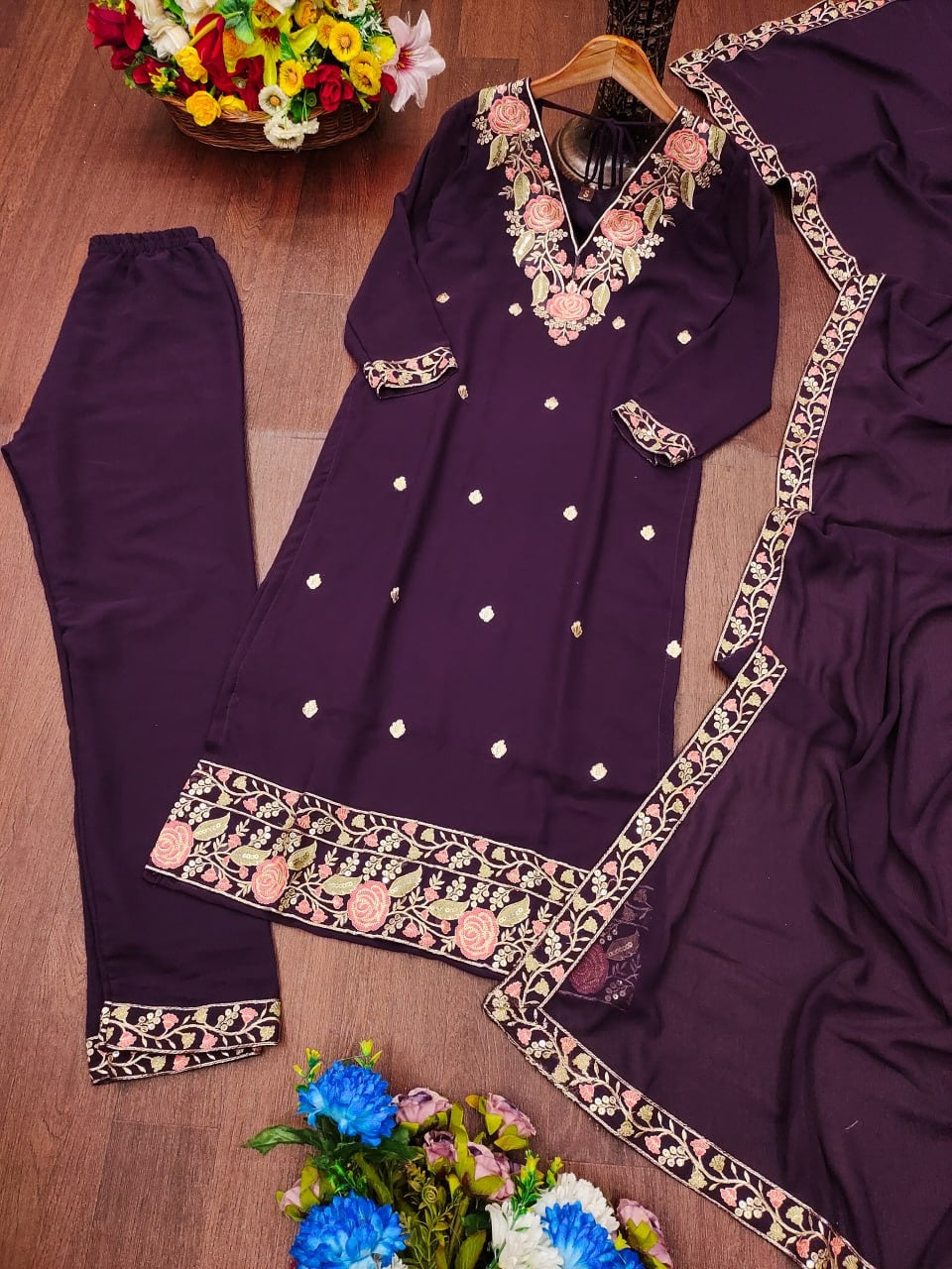 Elegant Embroidered Fox Georgette Suit Set