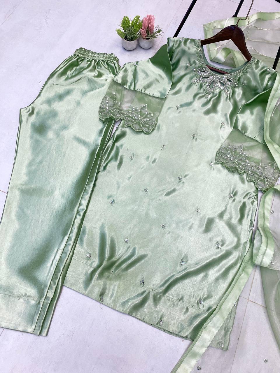 Elegant Moss Satin Kurta Set with Organza Dupatta