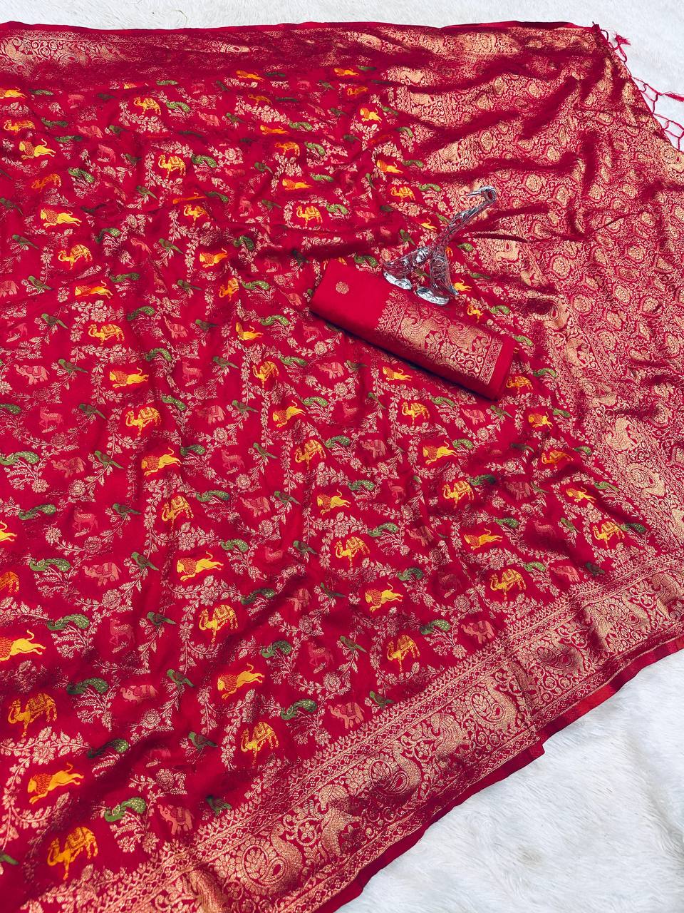 Pure Hand-Dyed Nylon Kadi Crepe Georgette Saree with Meenakari Jacquard Weave