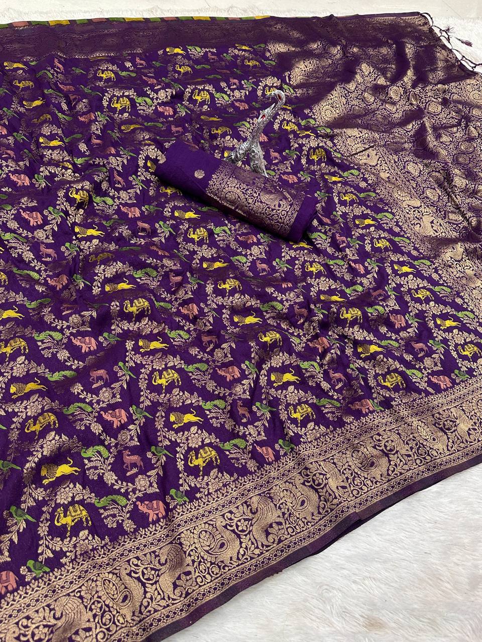 Pure Hand-Dyed Nylon Kadi Crepe Georgette Saree with Meenakari Jacquard Weave