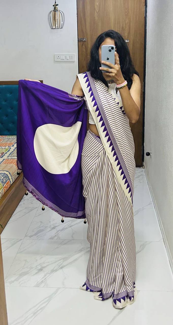 Classic Black & Ivory Striped Saree with Geometric Border