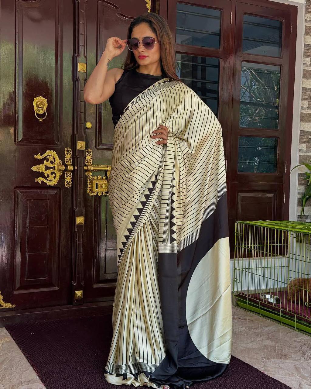 Original Ajrakh Semi Gaji Silk Bandhej Saree