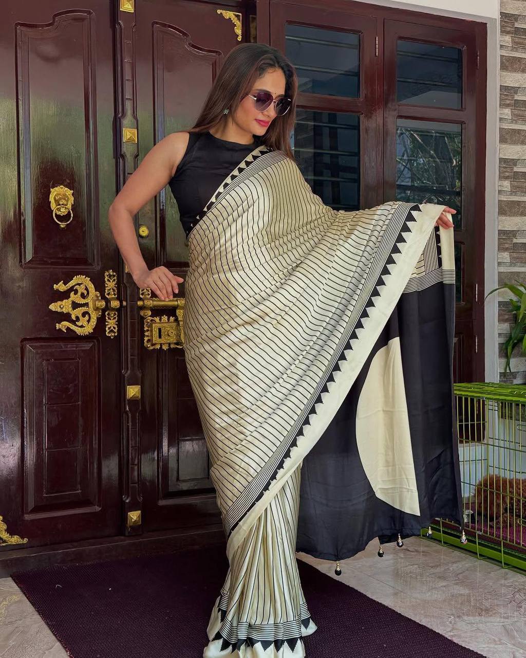 Original Ajrakh Semi Gaji Silk Bandhej Saree