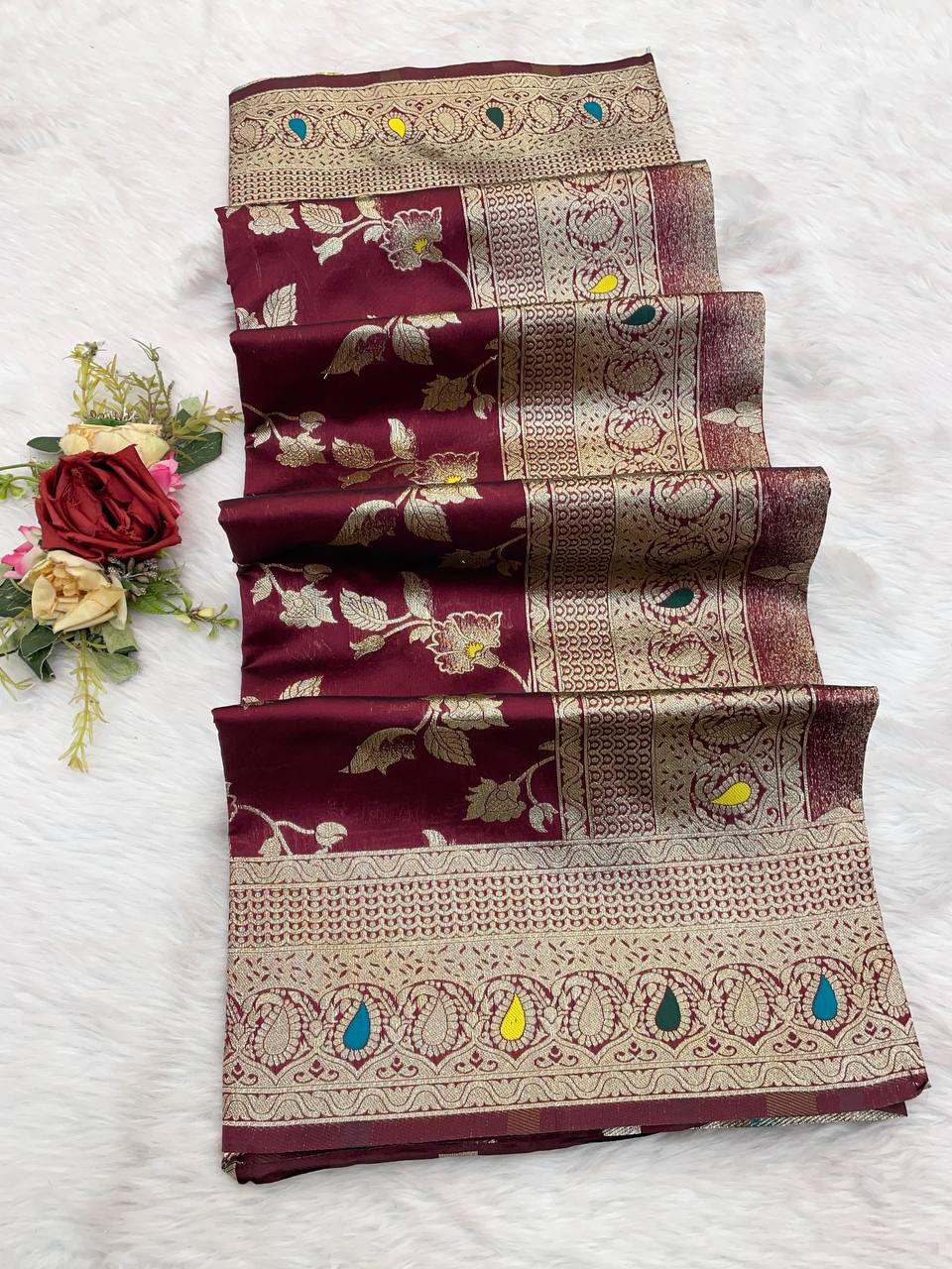 Pure Banarasi Silk Saree with Floral & Meena Zari Work