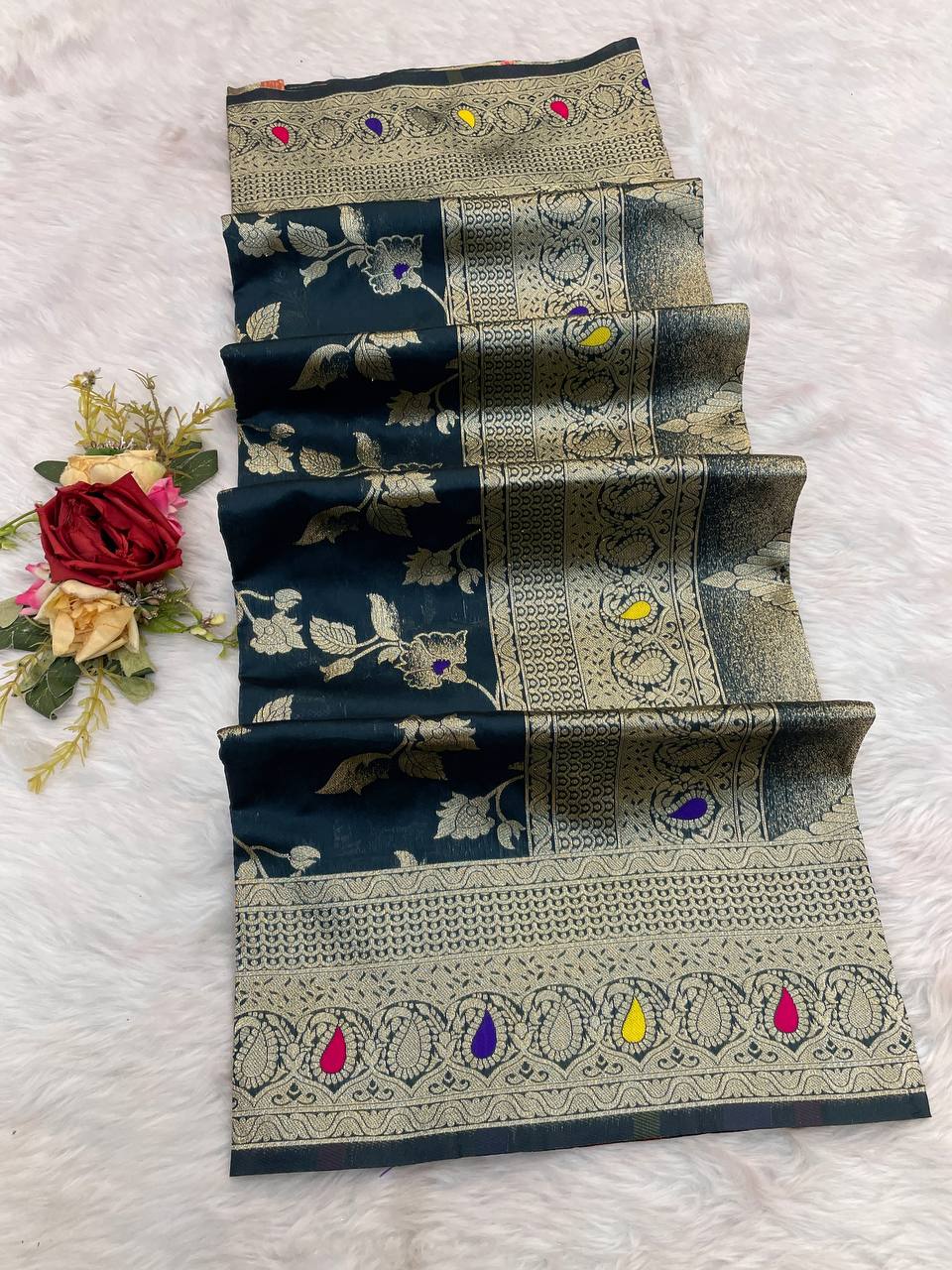 Pure Banarasi Silk Saree with Floral & Meena Zari Work