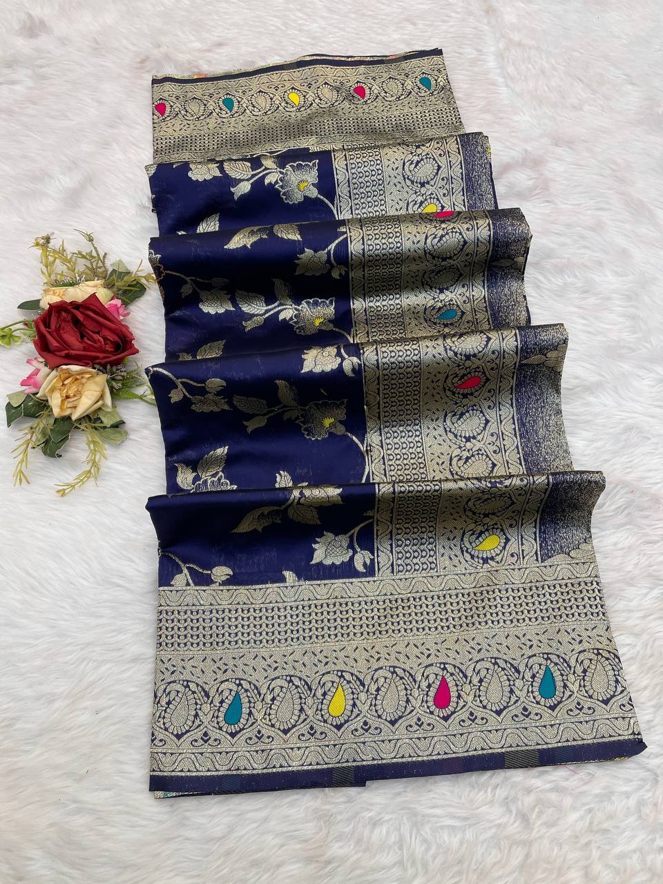 Pure Banarasi Silk Saree with Floral & Meena Zari Work
