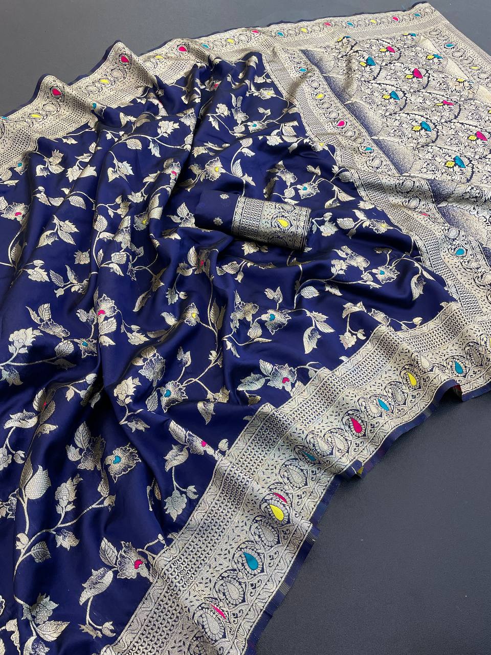 Pure Banarasi Silk Saree with Floral & Meena Zari Work