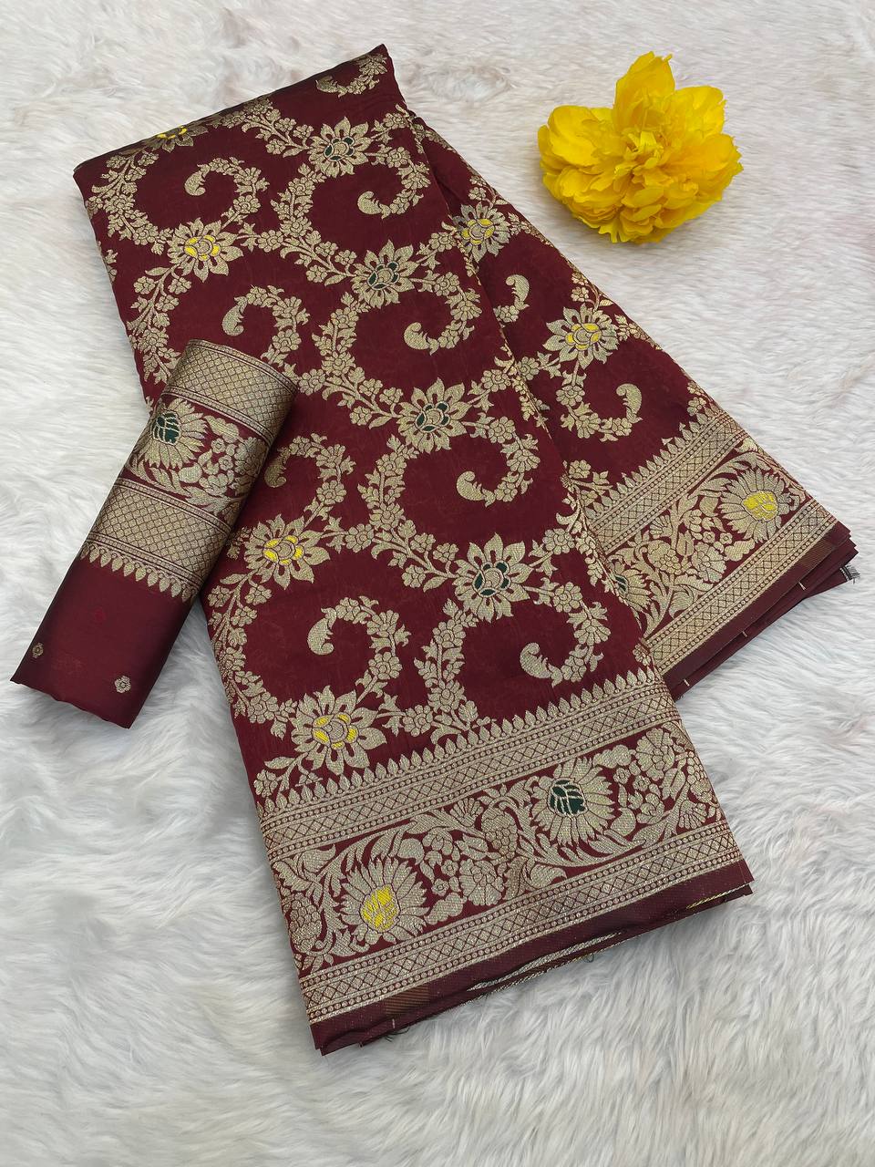 Pure Banarasi Silk Saree with Floral & Meena Zari Work