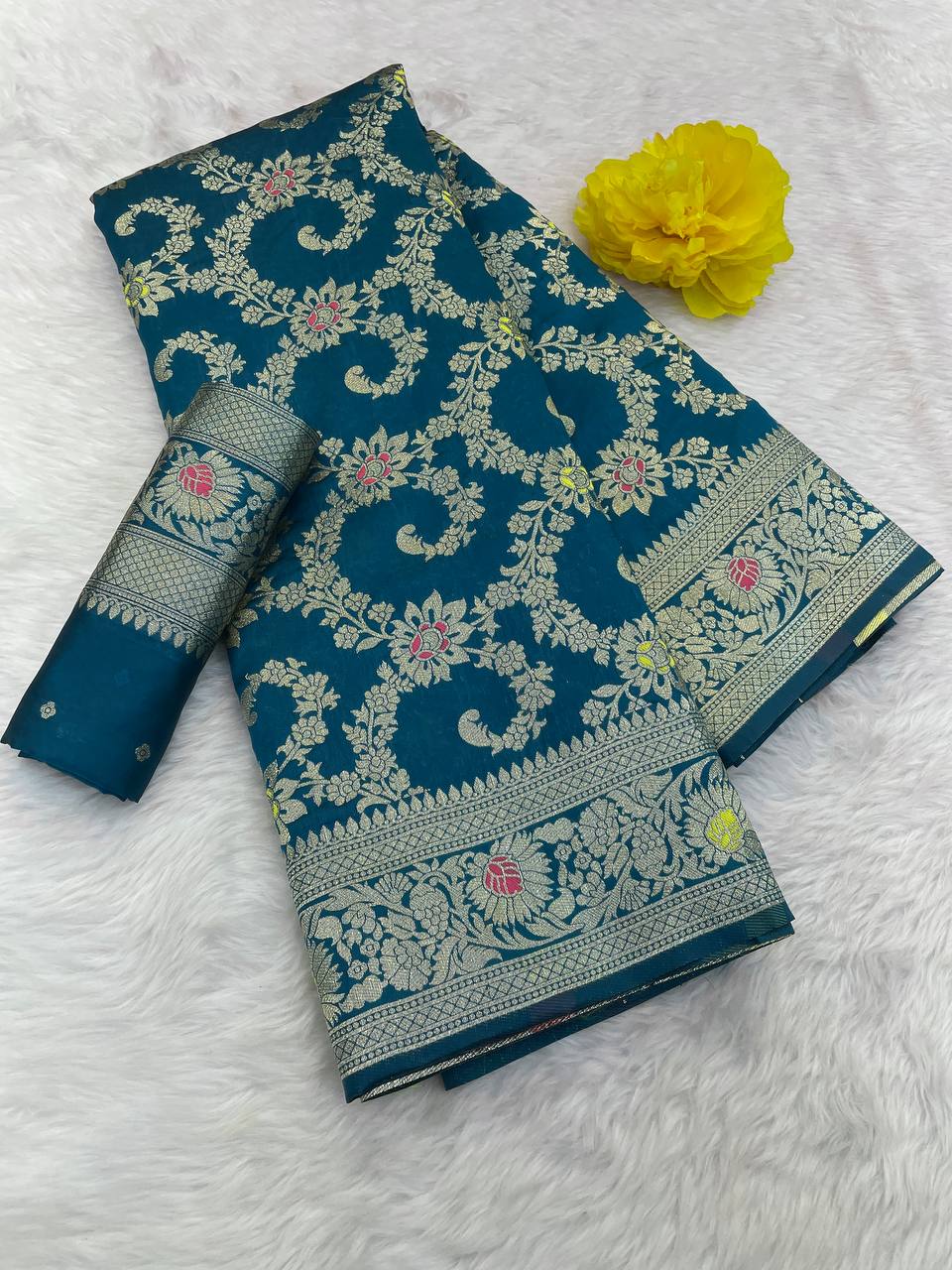 Pure Banarasi Silk Saree with Floral & Meena Zari Work