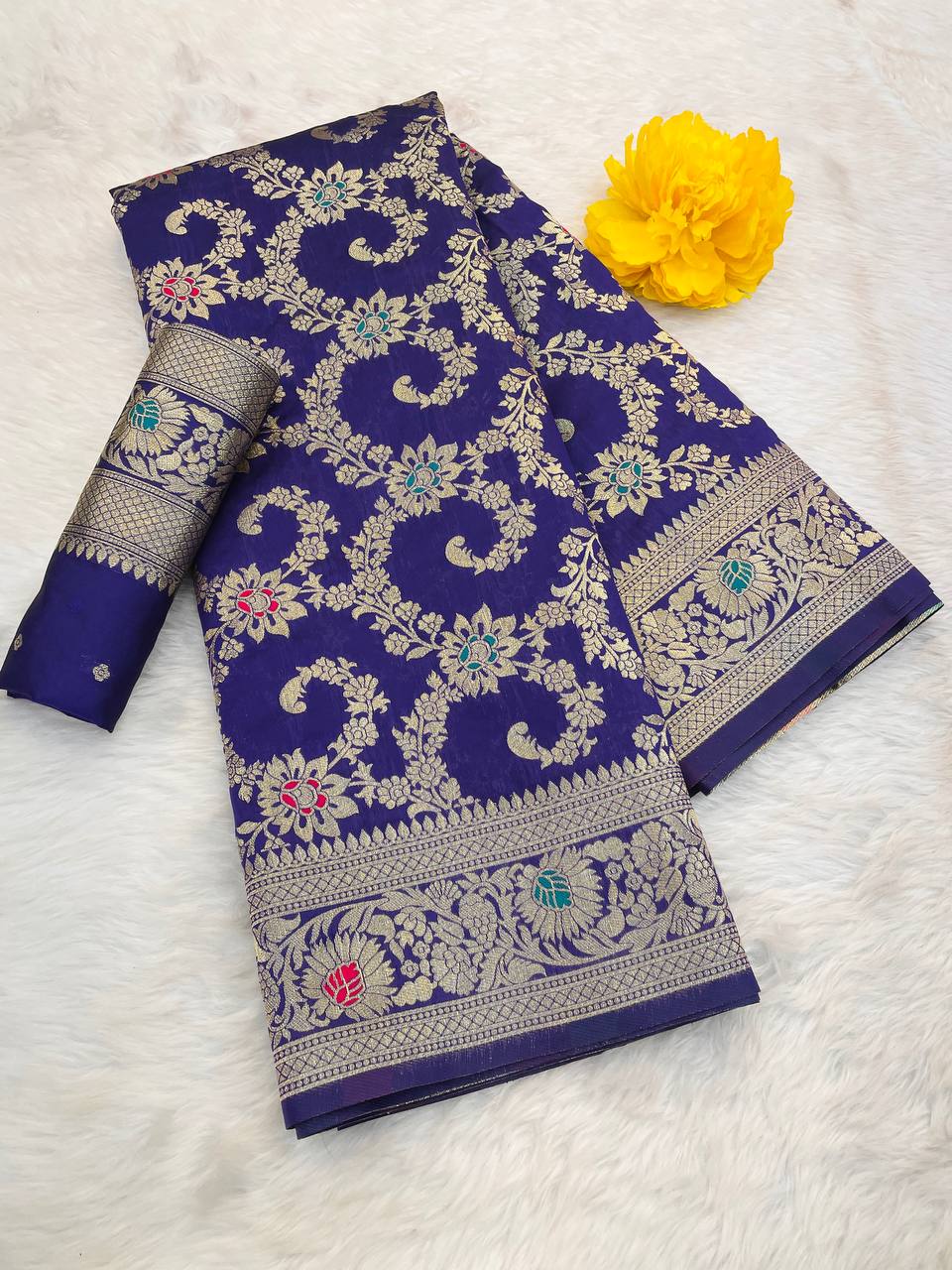 Pure Banarasi Silk Saree with Floral & Meena Zari Work