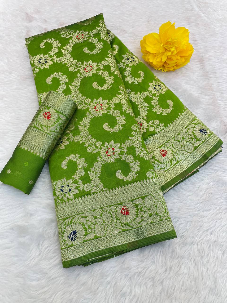 Pure Banarasi Silk Saree with Floral & Meena Zari Work