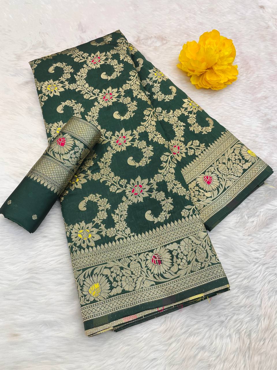 Pure Banarasi Silk Saree with Floral & Meena Zari Work