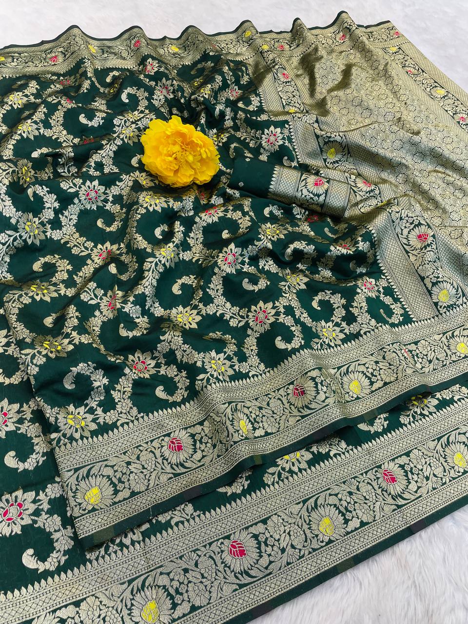 Pure Banarasi Silk Saree with Floral & Meena Zari Work