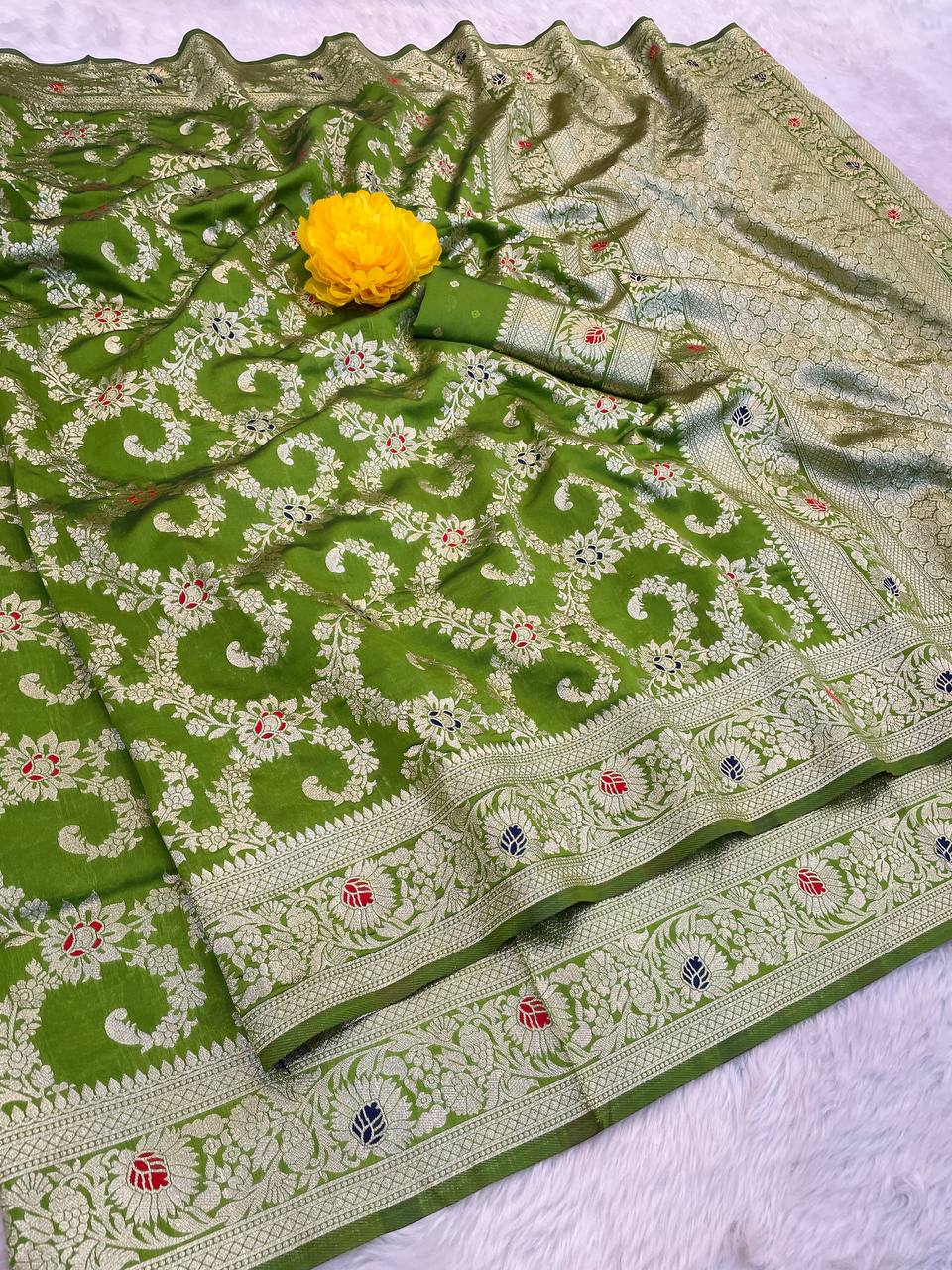 Pure Banarasi Silk Saree with Floral & Meena Zari Work