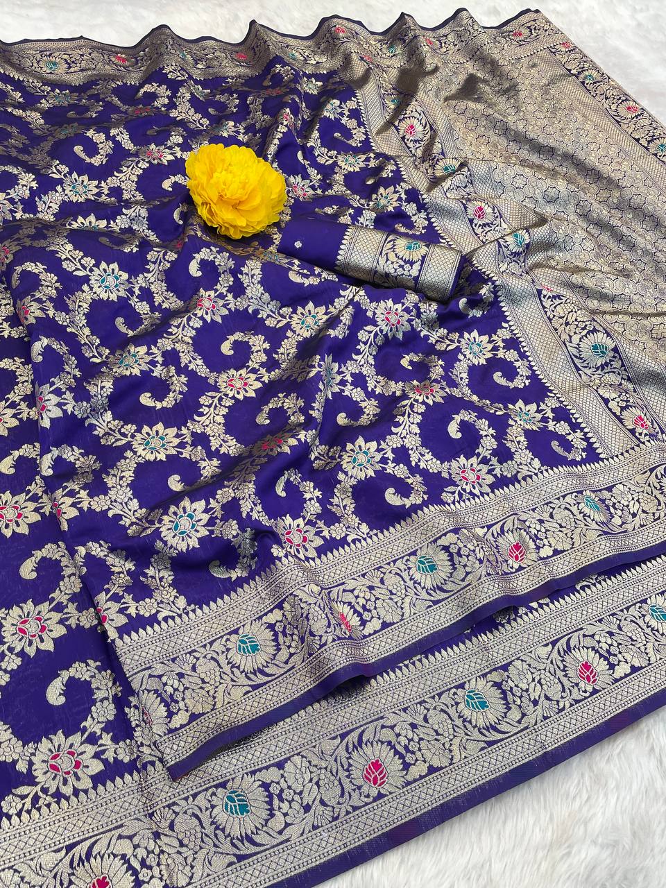 Pure Banarasi Silk Saree with Floral & Meena Zari Work