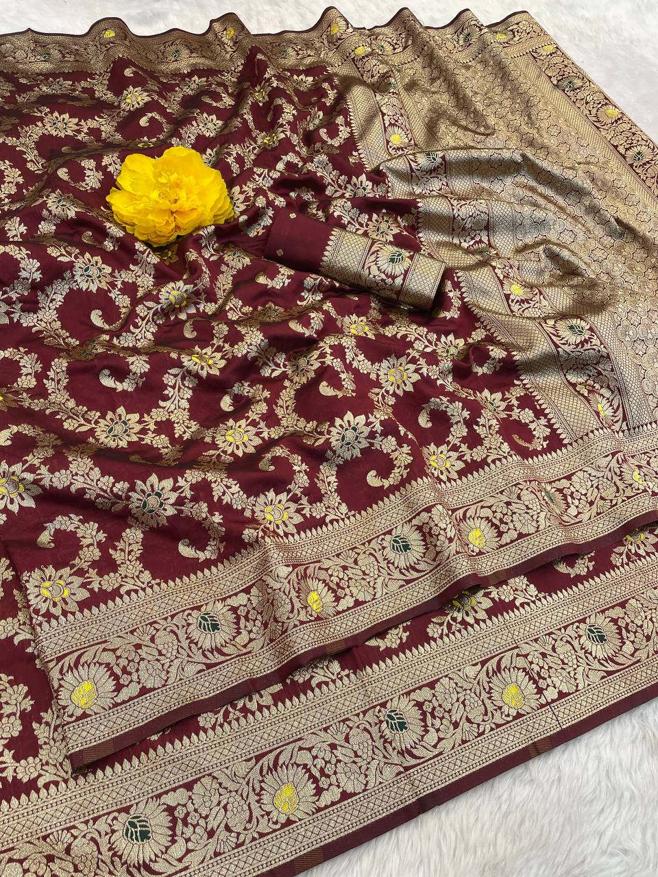 Pure Banarasi Silk Saree with Floral & Meena Zari Work