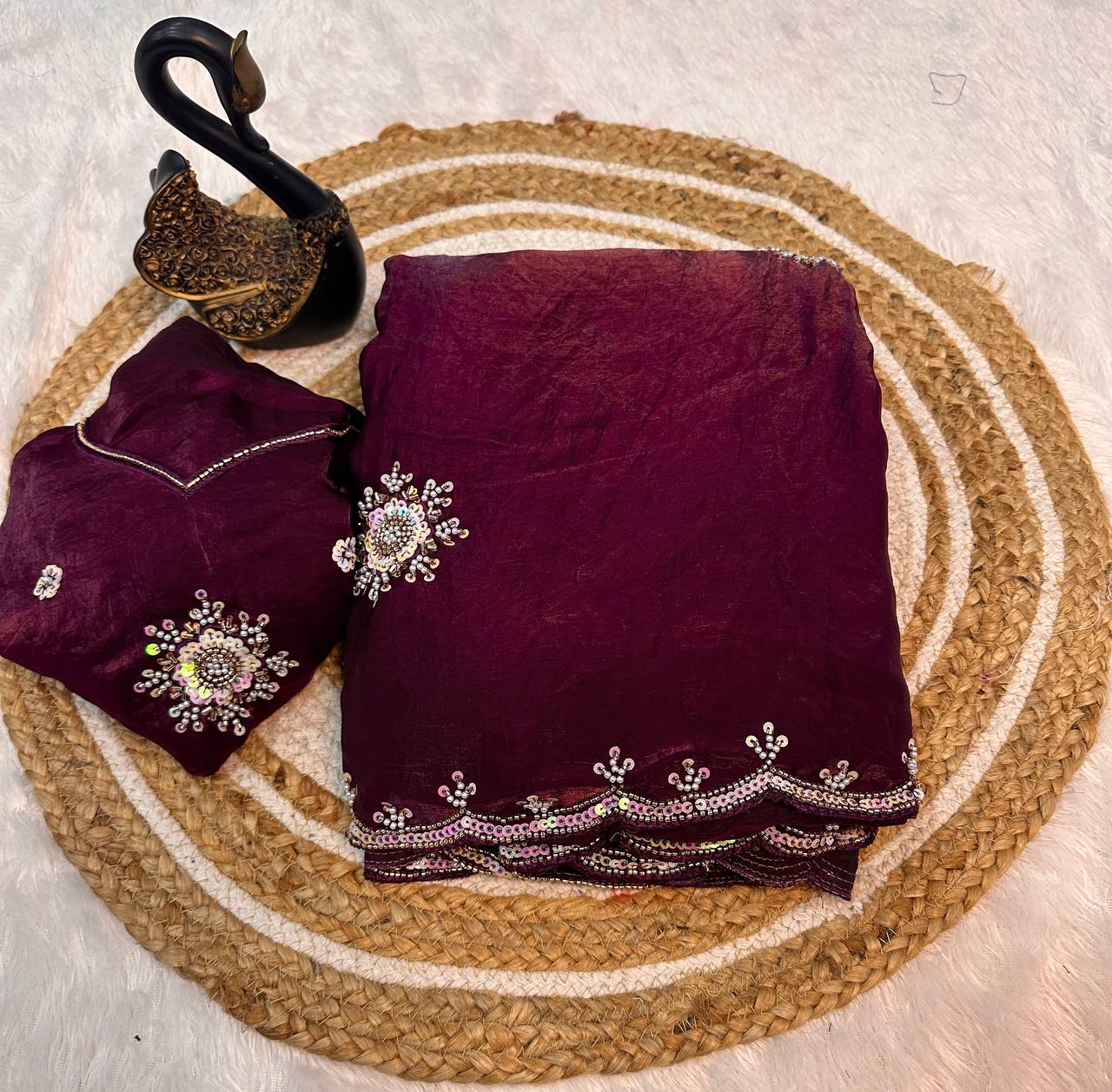 Soft Space Silk Designer Saree with Sequins & Pearl Work