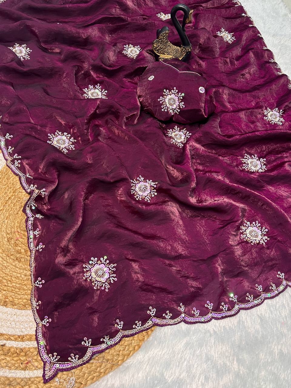 Soft Space Silk Designer Saree with Sequins & Pearl Work
