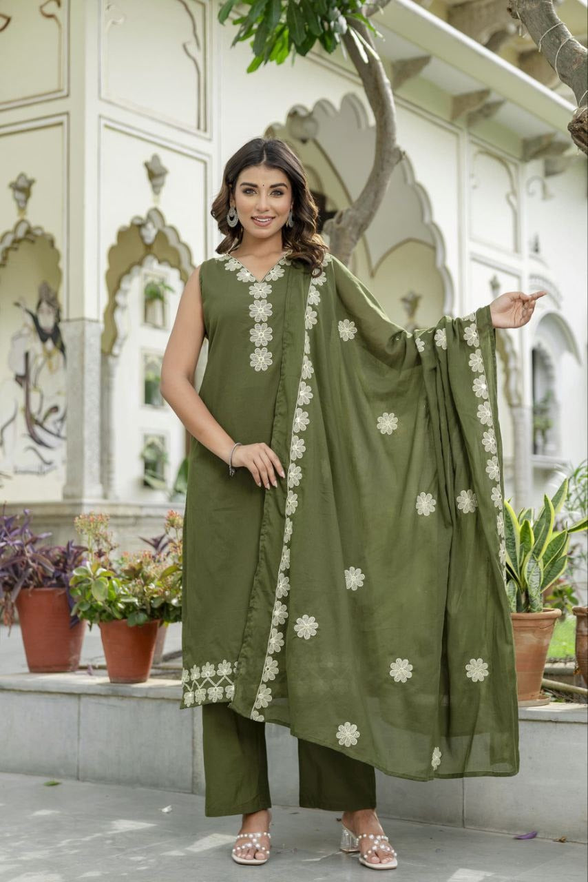 Premium Cotton Kurta Plazo Set with Mirror Work & Dupatta