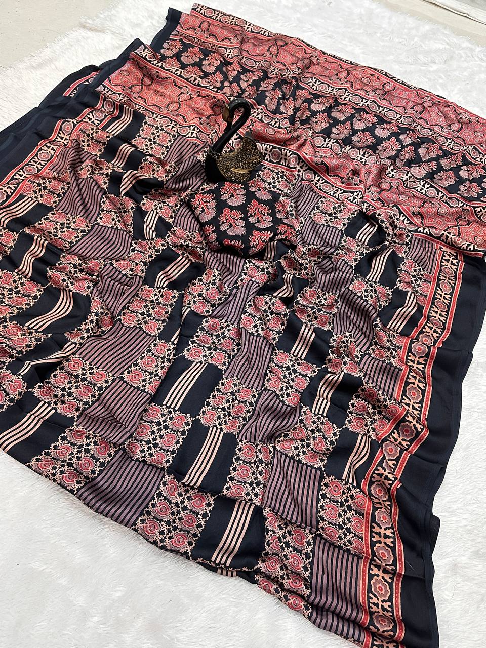 Original Ajrakh Semi Gaji Silk Bandhej Saree