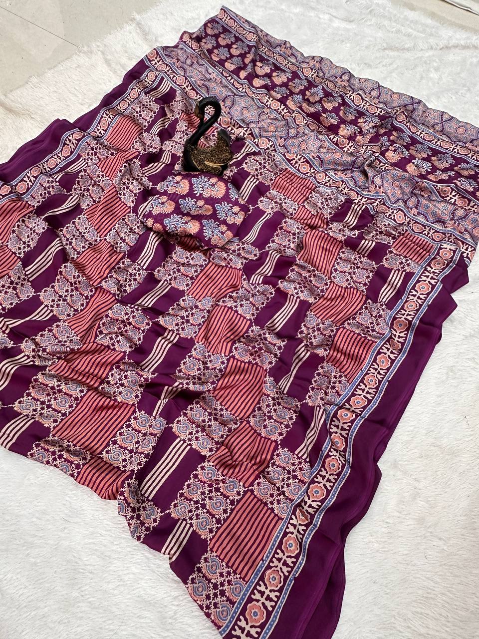 Original Ajrakh Semi Gaji Silk Bandhej Saree