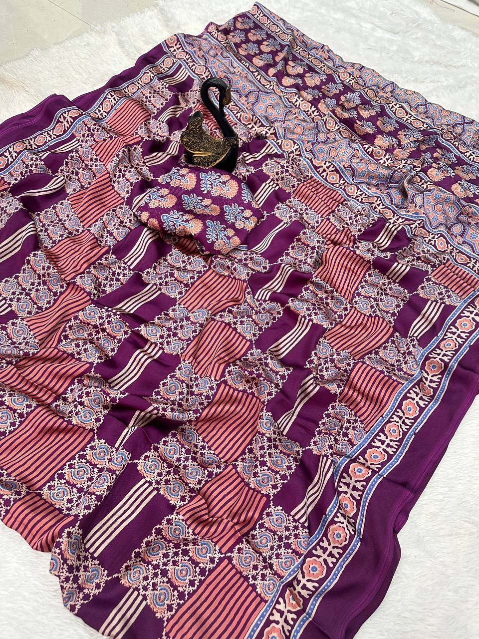 Original Ajrakh Semi Gaji Silk Bandhej Saree
