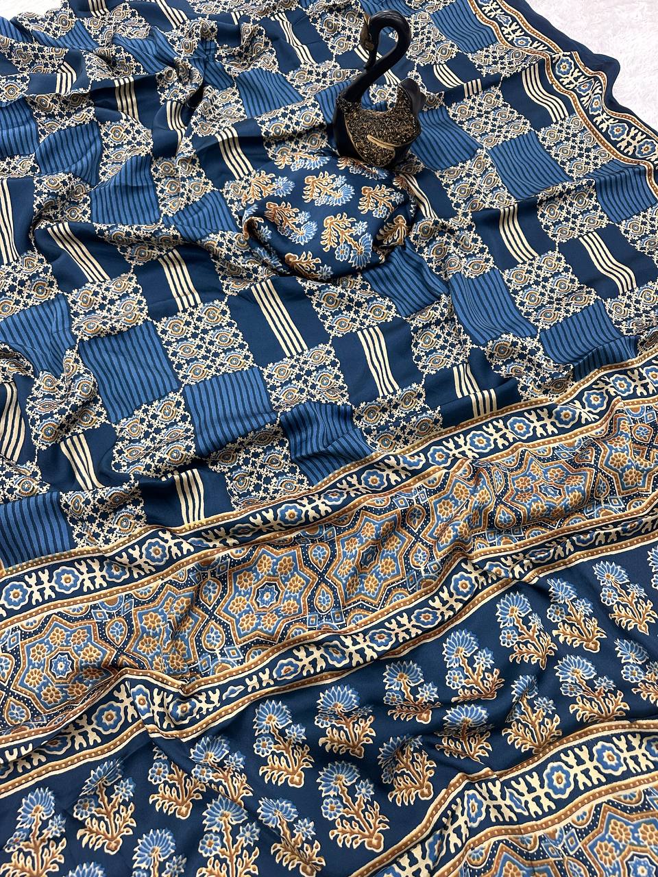 Original Ajrakh Semi Gaji Silk Bandhej Saree