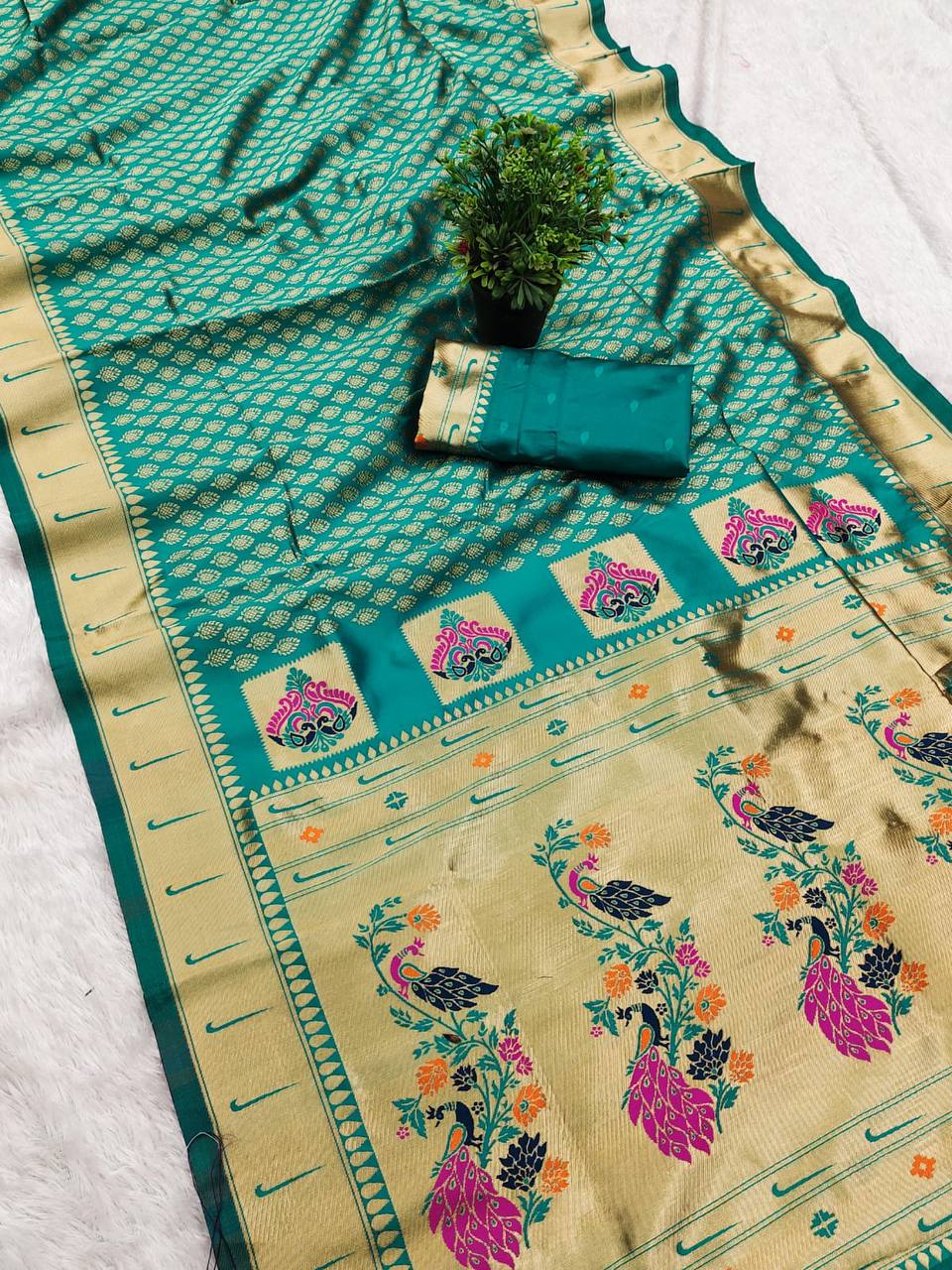 Original Paithani Silk Saree with Gold Zari Meenakari Work