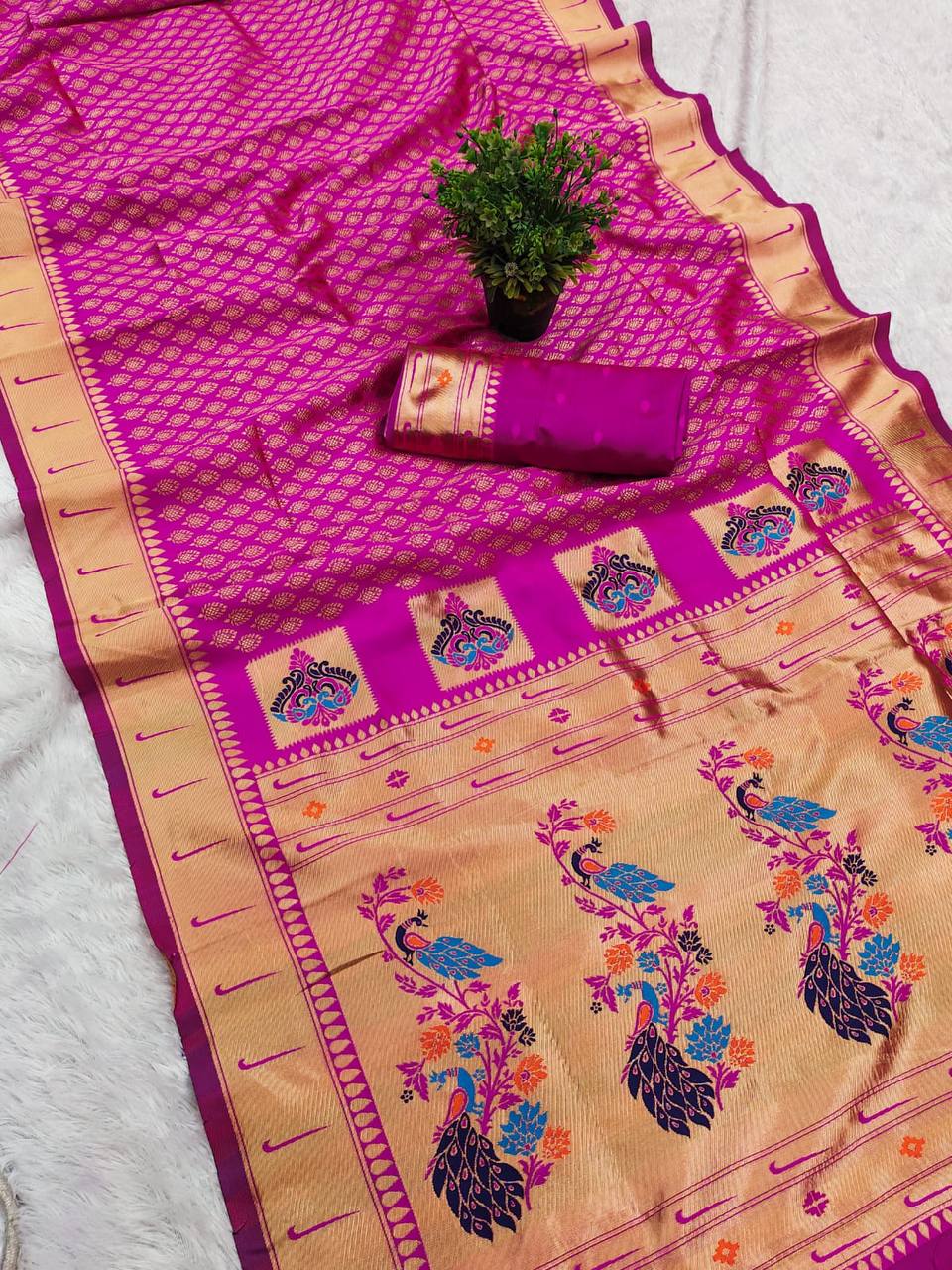 Original Paithani Silk Saree with Gold Zari Meenakari Work