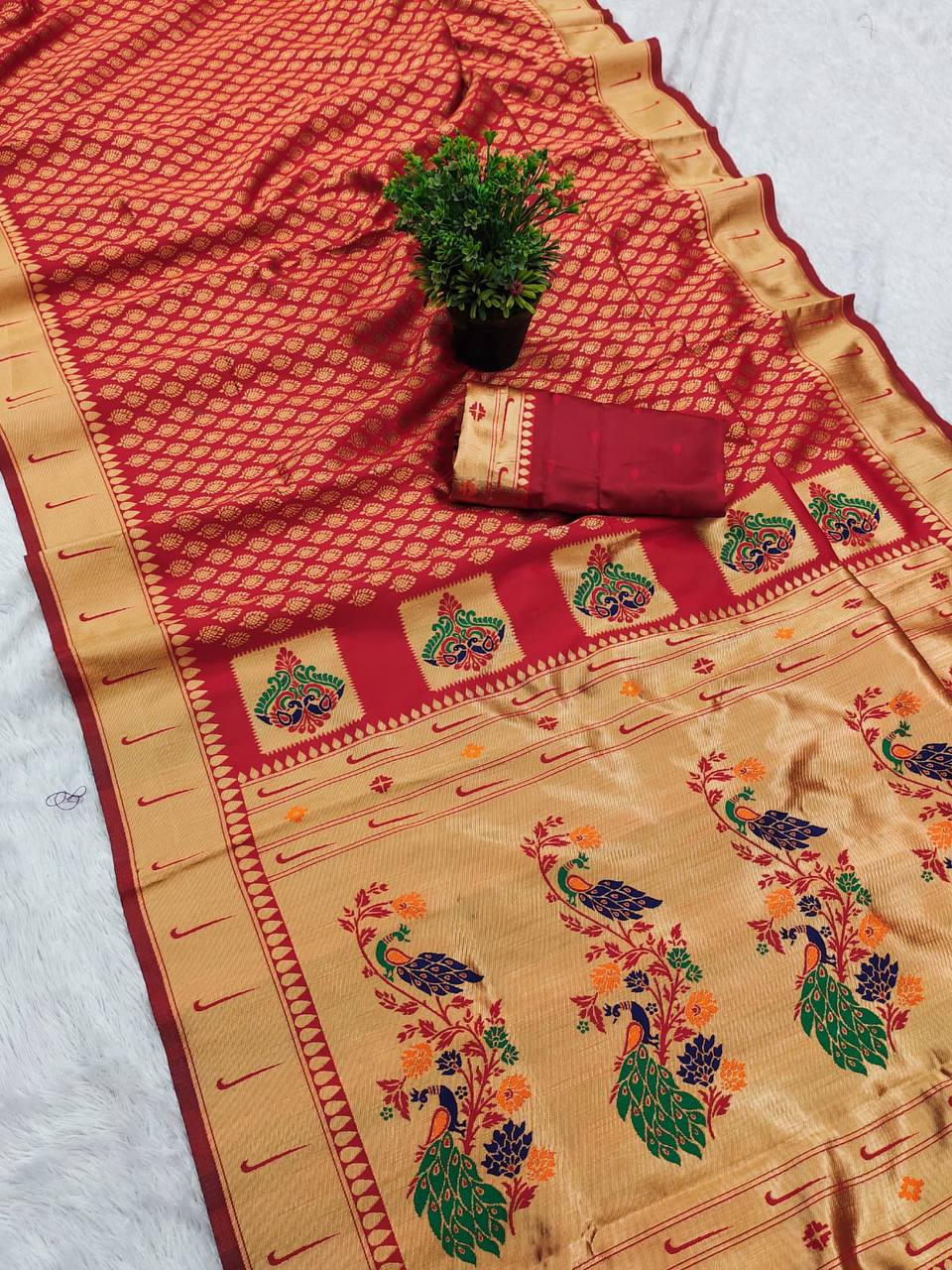 Original Paithani Silk Saree with Gold Zari Meenakari Work