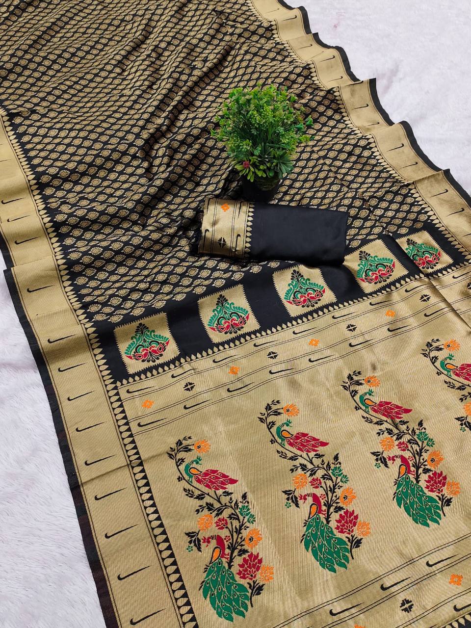 Original Paithani Silk Saree with Gold Zari Meenakari Work