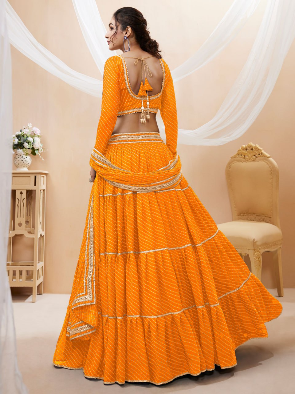 Semi-Stitched Georgette Lehenga Set with Blooming Leheriya Print