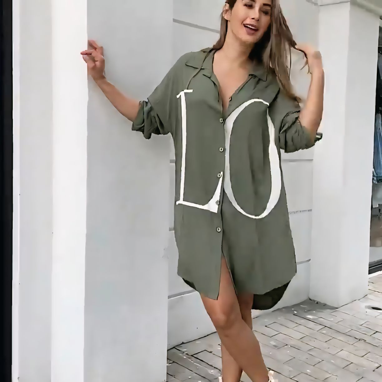 Chic Olive Green Oversized Button-Down Shirt Dress