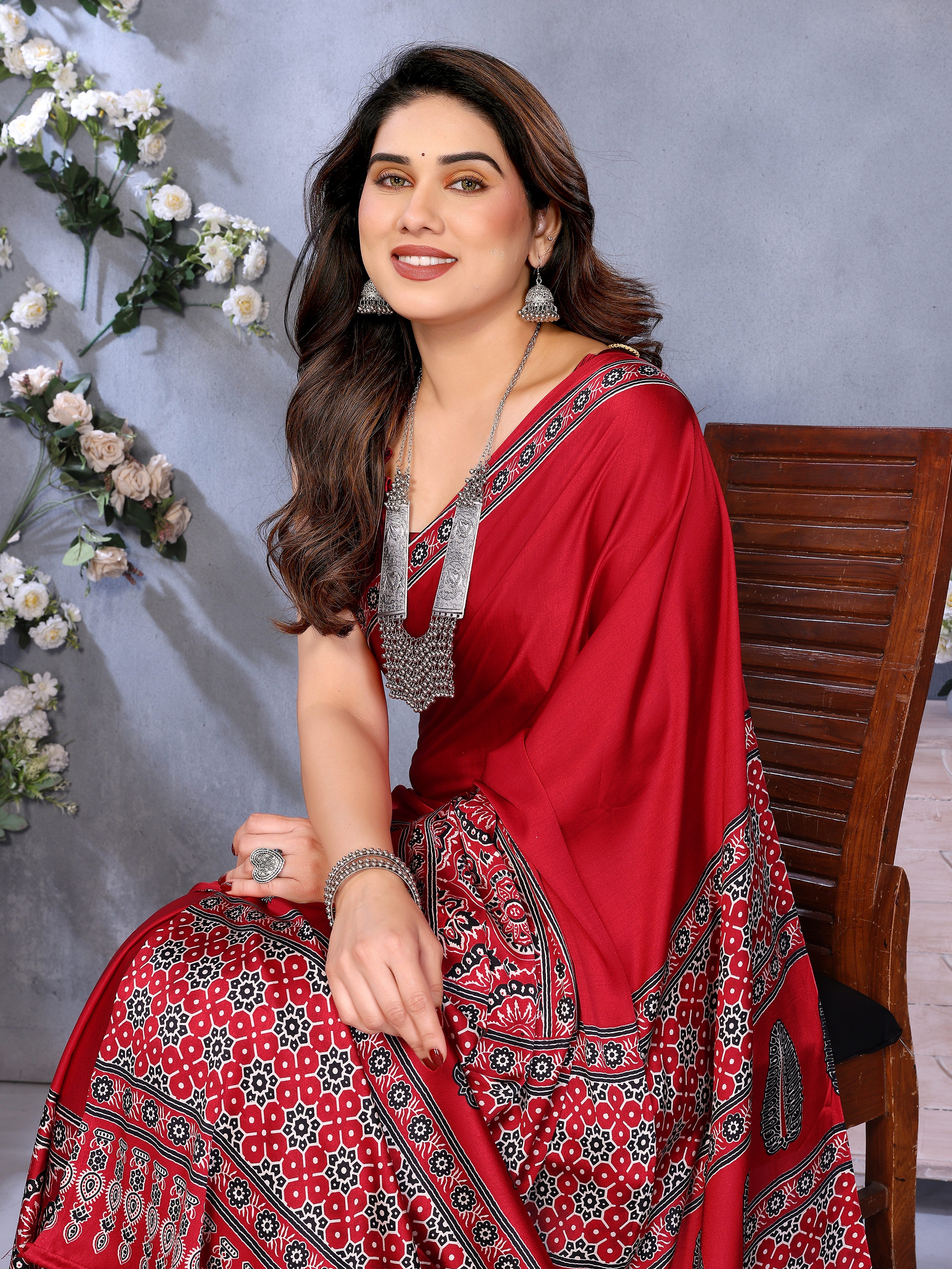 Original Ajrakh Semi Gaji Silk Bandhej Saree