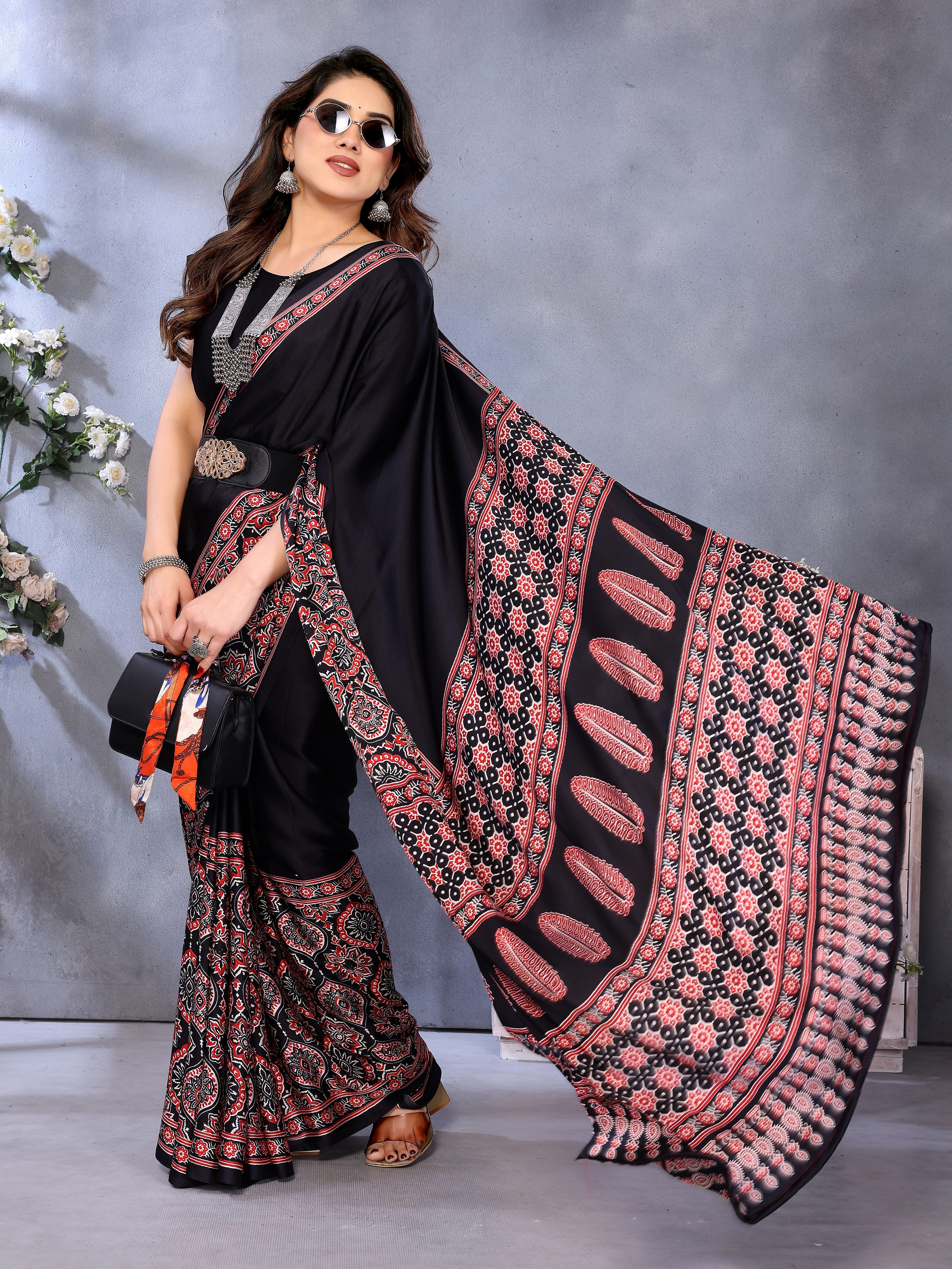 Original Ajrakh Semi Gaji Silk Bandhej Saree