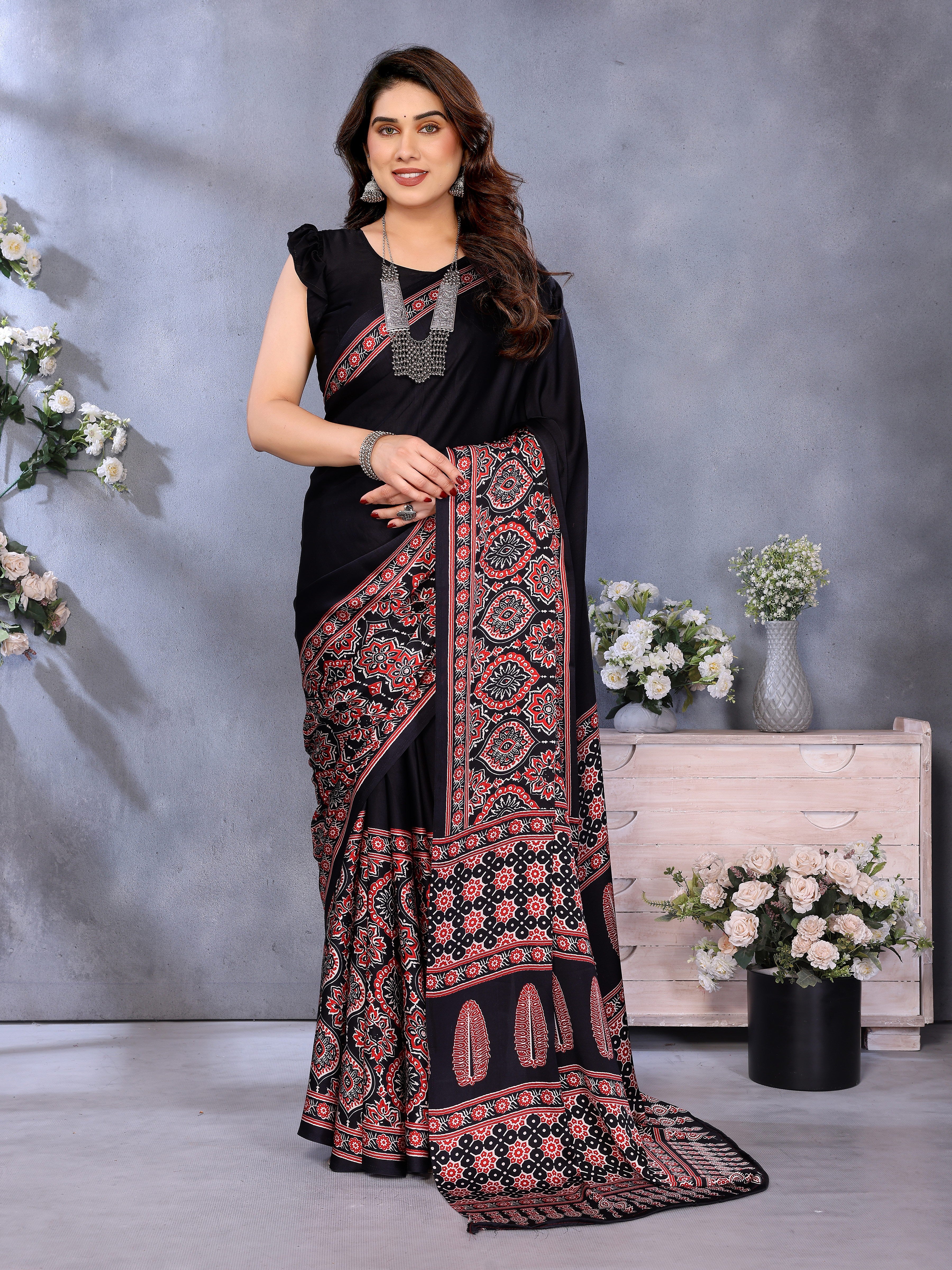 Original Ajrakh Semi Gaji Silk Bandhej Saree