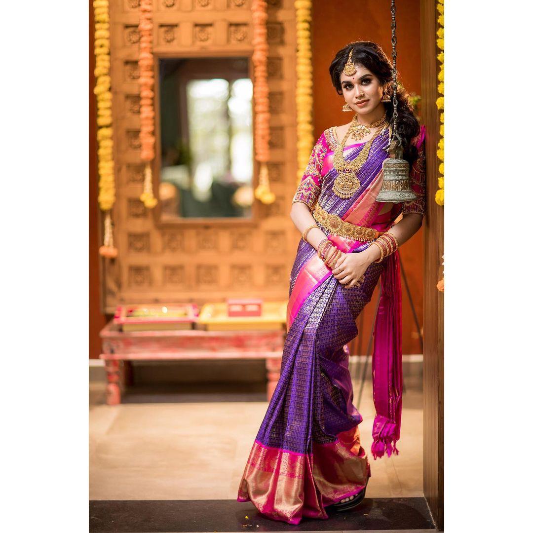 Royal Purple Silk Saree with Pink Zari Border