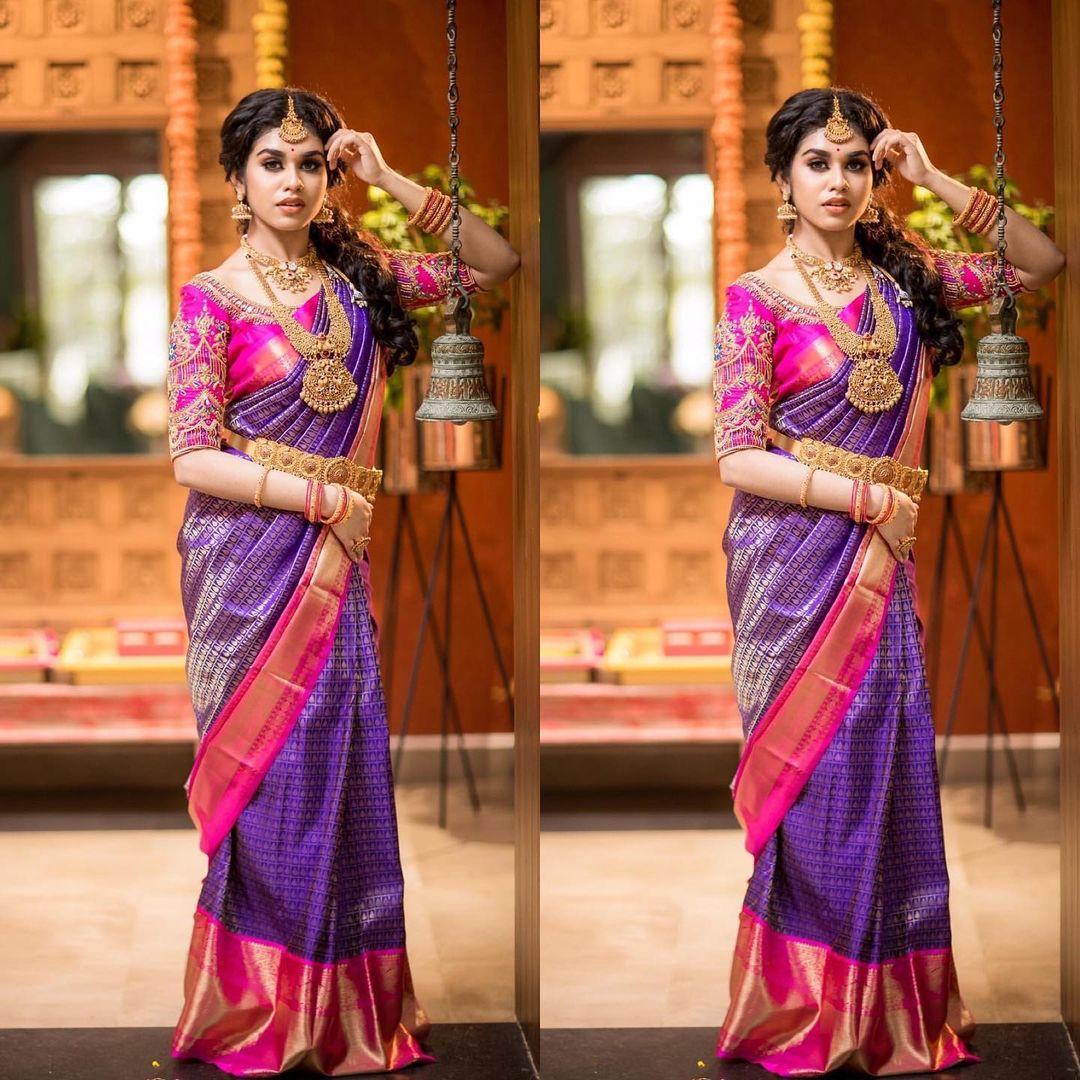 Royal Purple Silk Saree with Pink Zari Border