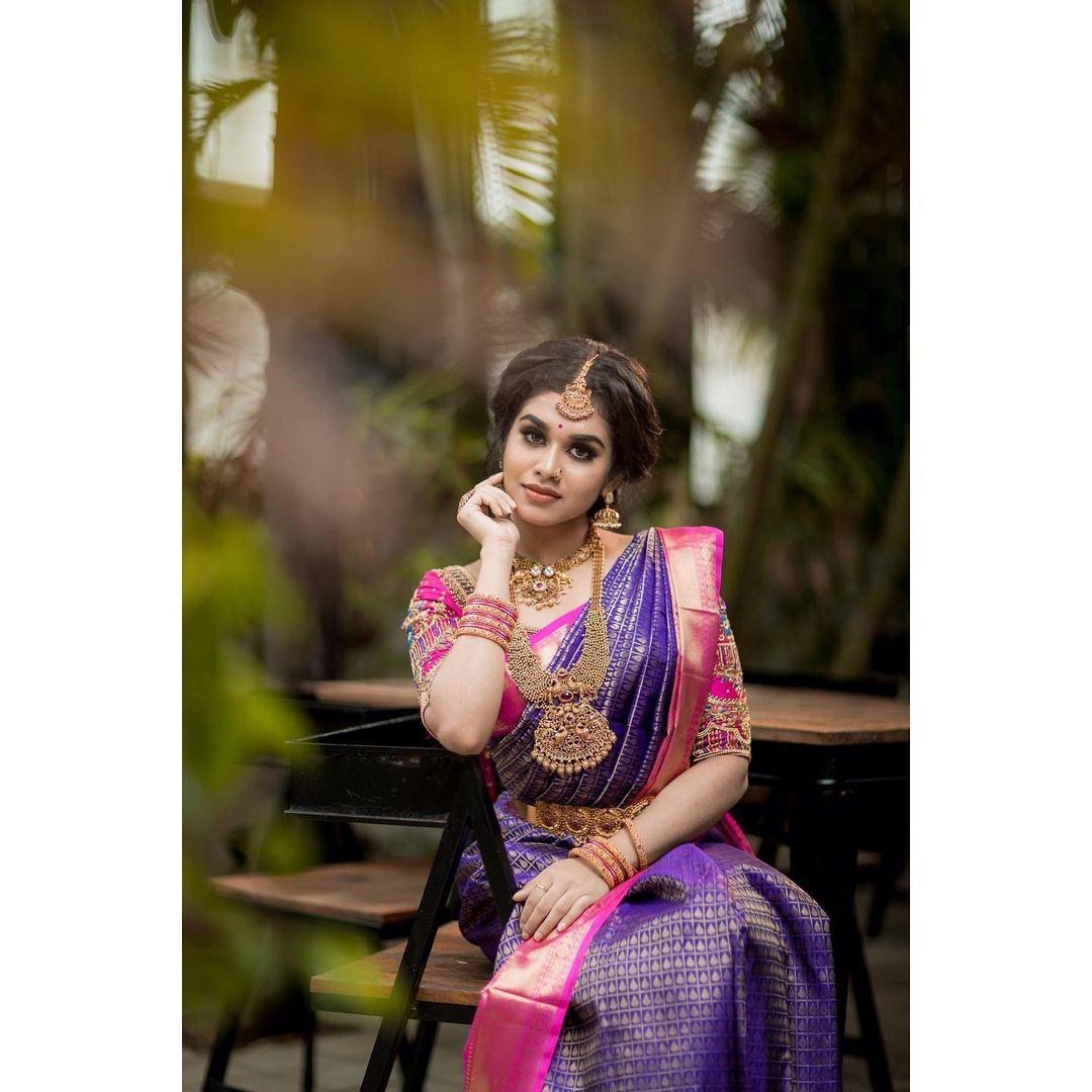 Royal Purple Silk Saree with Pink Zari Border
