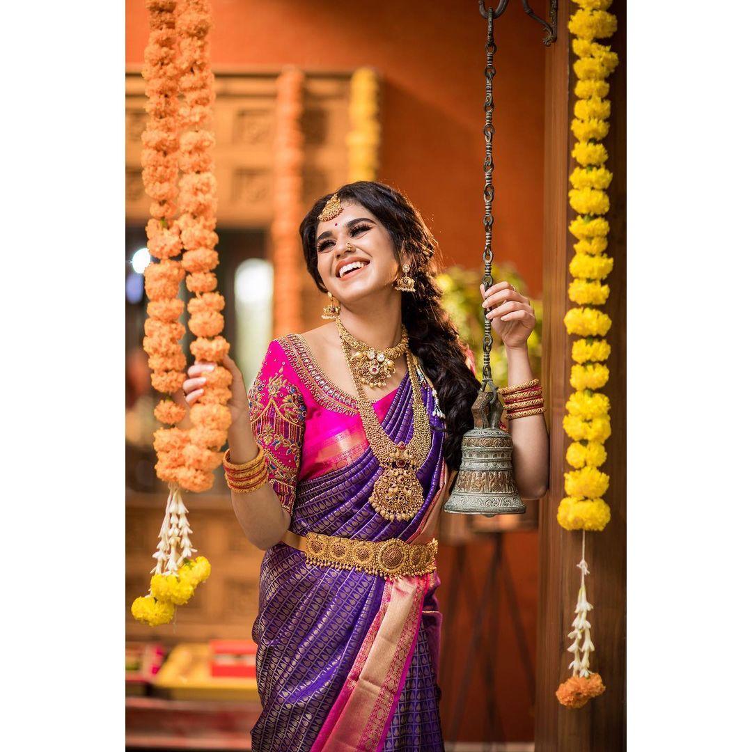 Royal Purple Silk Saree with Pink Zari Border