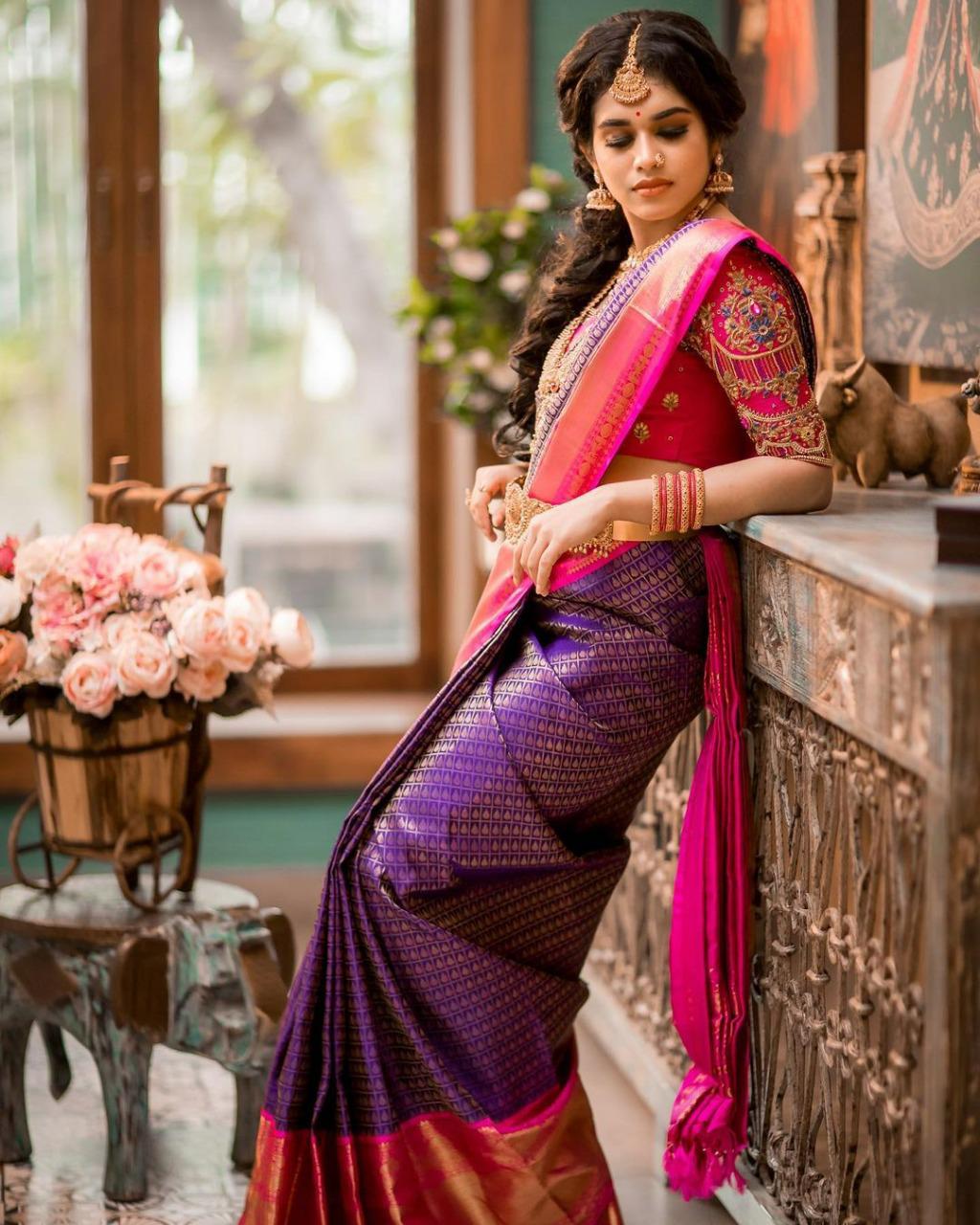 Royal Purple Silk Saree with Pink Zari Border