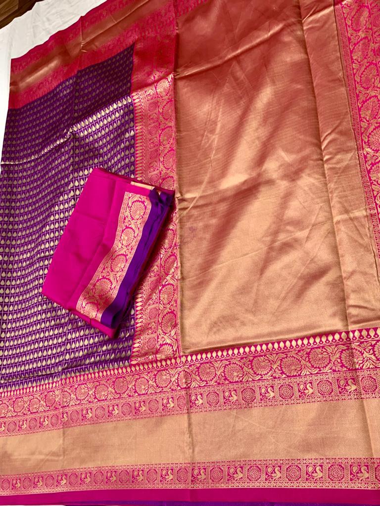 Royal Purple Silk Saree with Pink Zari Border