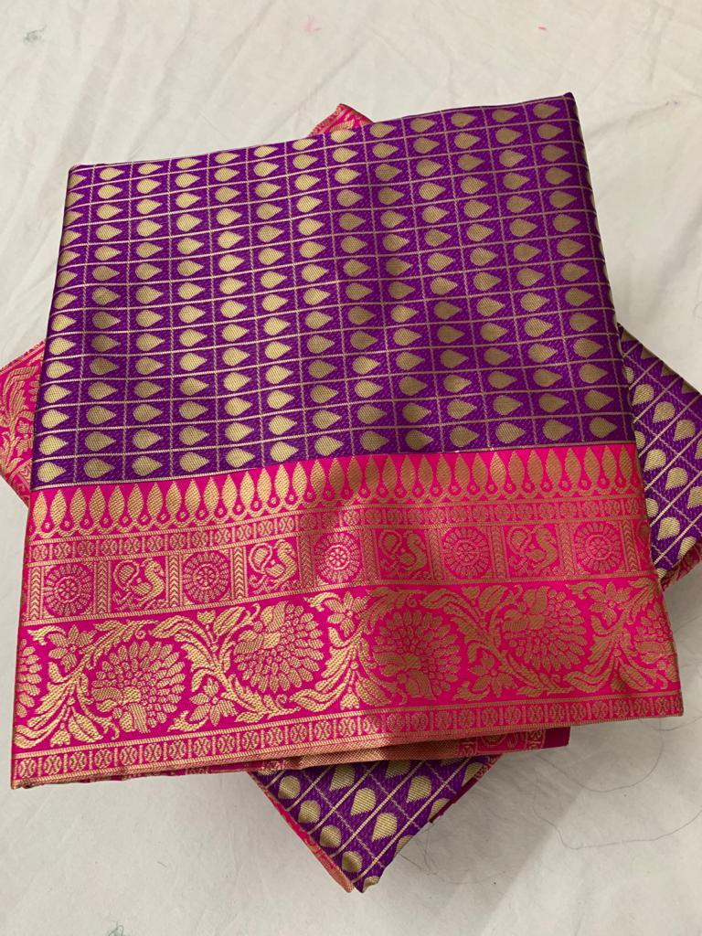 Royal Purple Silk Saree with Pink Zari Border