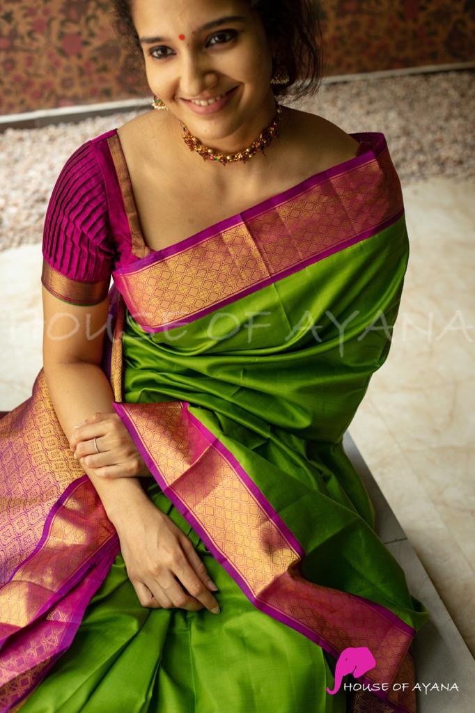 Green Silk Saree with Purple Zari Border
